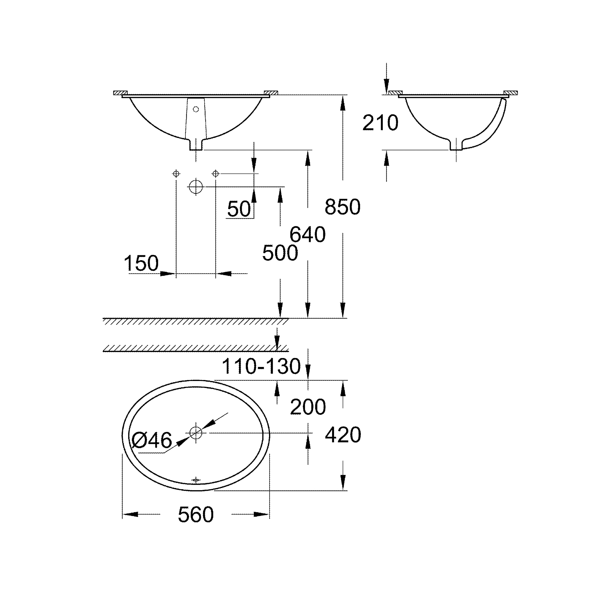 фото Встраиваемая раковина grohe universal 55 см, альпин-белый (39423000)