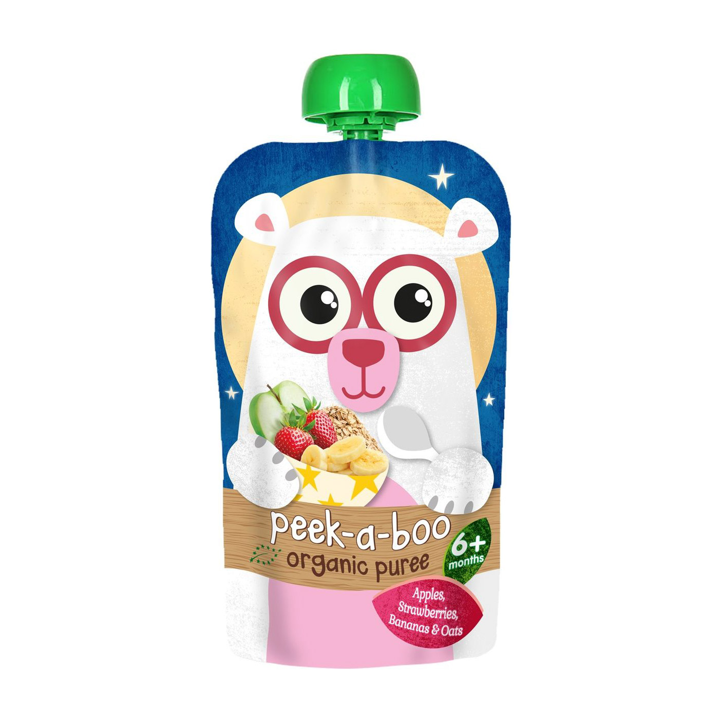 

Пюре фруктовое Peek-a-boo из яблока, банана и клубники с овсяной мукой 113 г