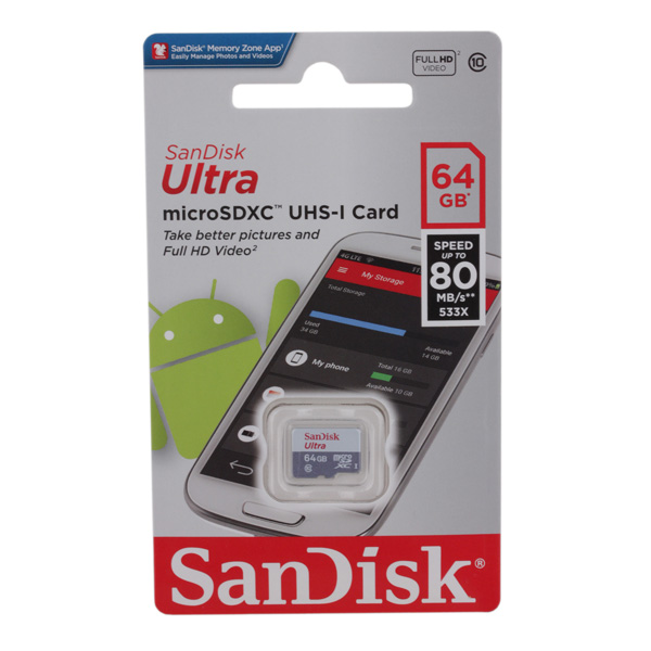 Карта памяти SanDisk Ultra MicroSD UHS-I 64GB (SDSQUNS-064G-GN3MA), цвет белый - фото 2
