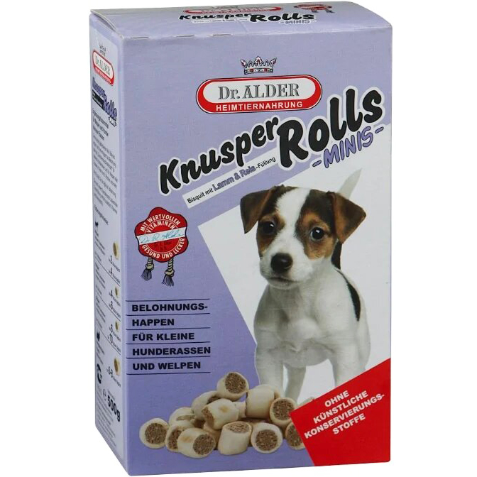 фото Лакомство для собак dr. alder's knusper rolls minis с ягненком и рисом 500 г
