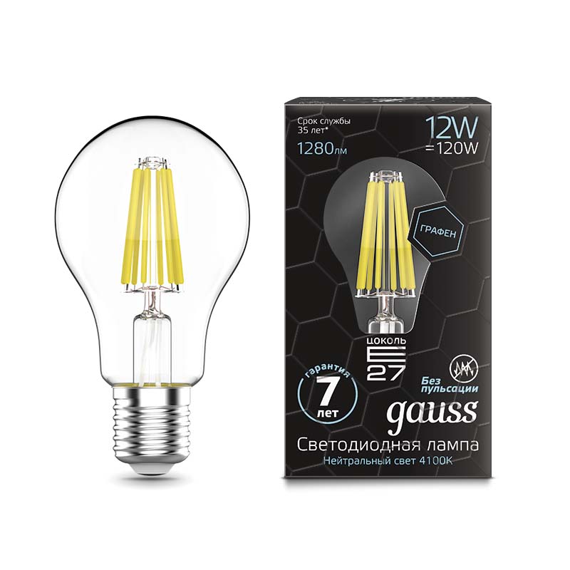 фото Лампа gauss led filament graphene a60 e27 12w 1280lm 4100к 1/10/40