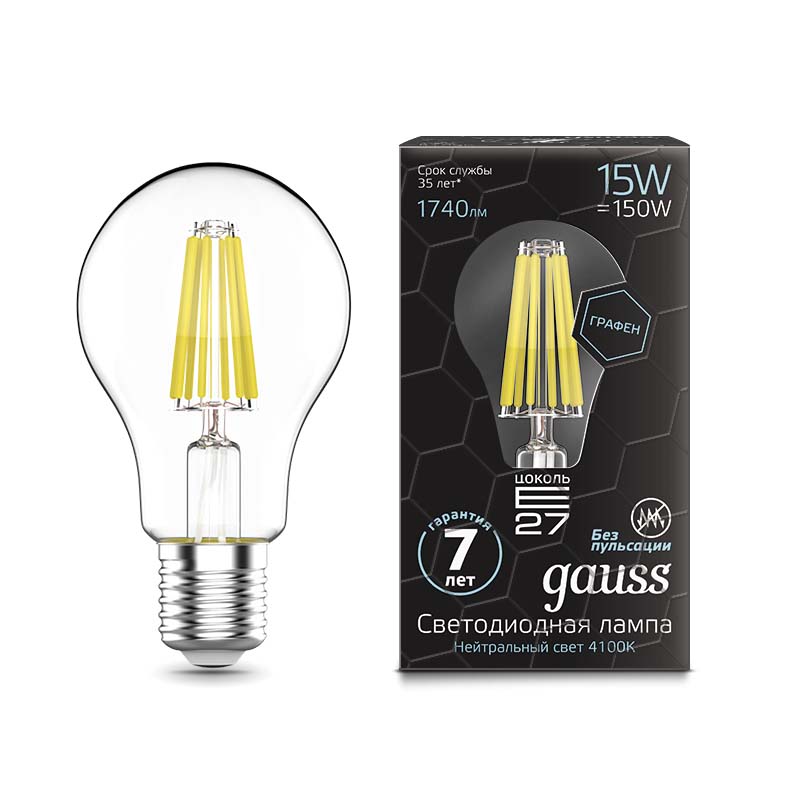 фото Лампа gauss led filament graphene a60 e27 15w 1740lm 4100к 1/10/40