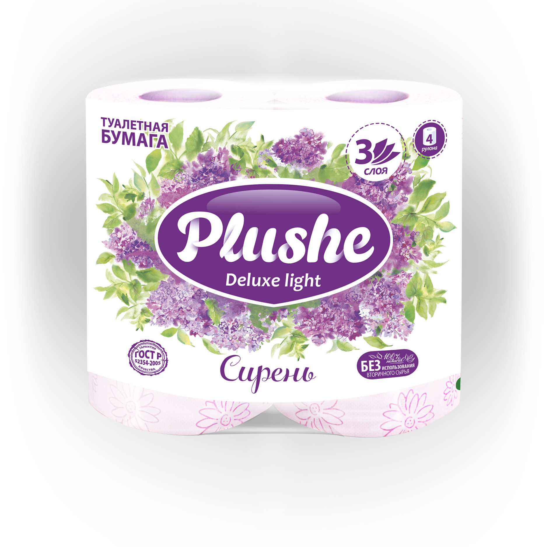 

Туалетная бумага Plushe Deluxe Light Сирень 4 рулона, Белый