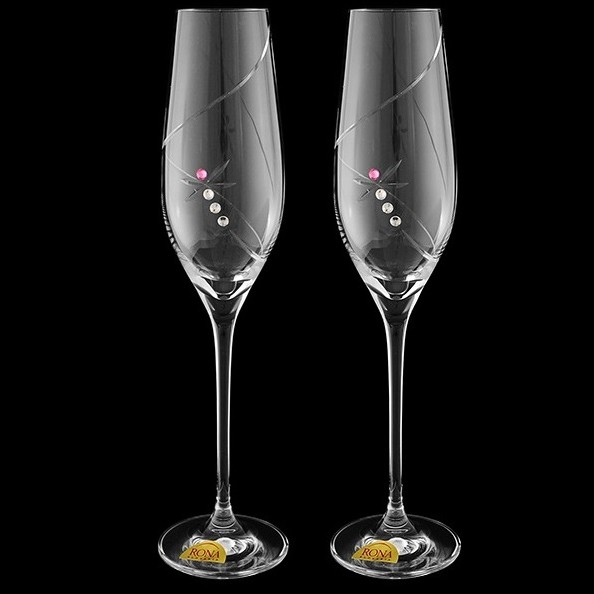 Набор бокалов для шампанского Rona A.S. розовая стрекоза с кристаллами 2 шт 210 мл - фото 1