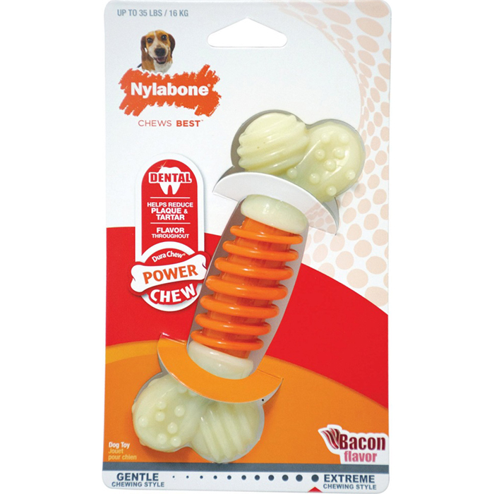 

Игрушка для собак NYLABONE Косточка Pro Action экстра жесткая с ароматом бекона M, Белый;оранжевый