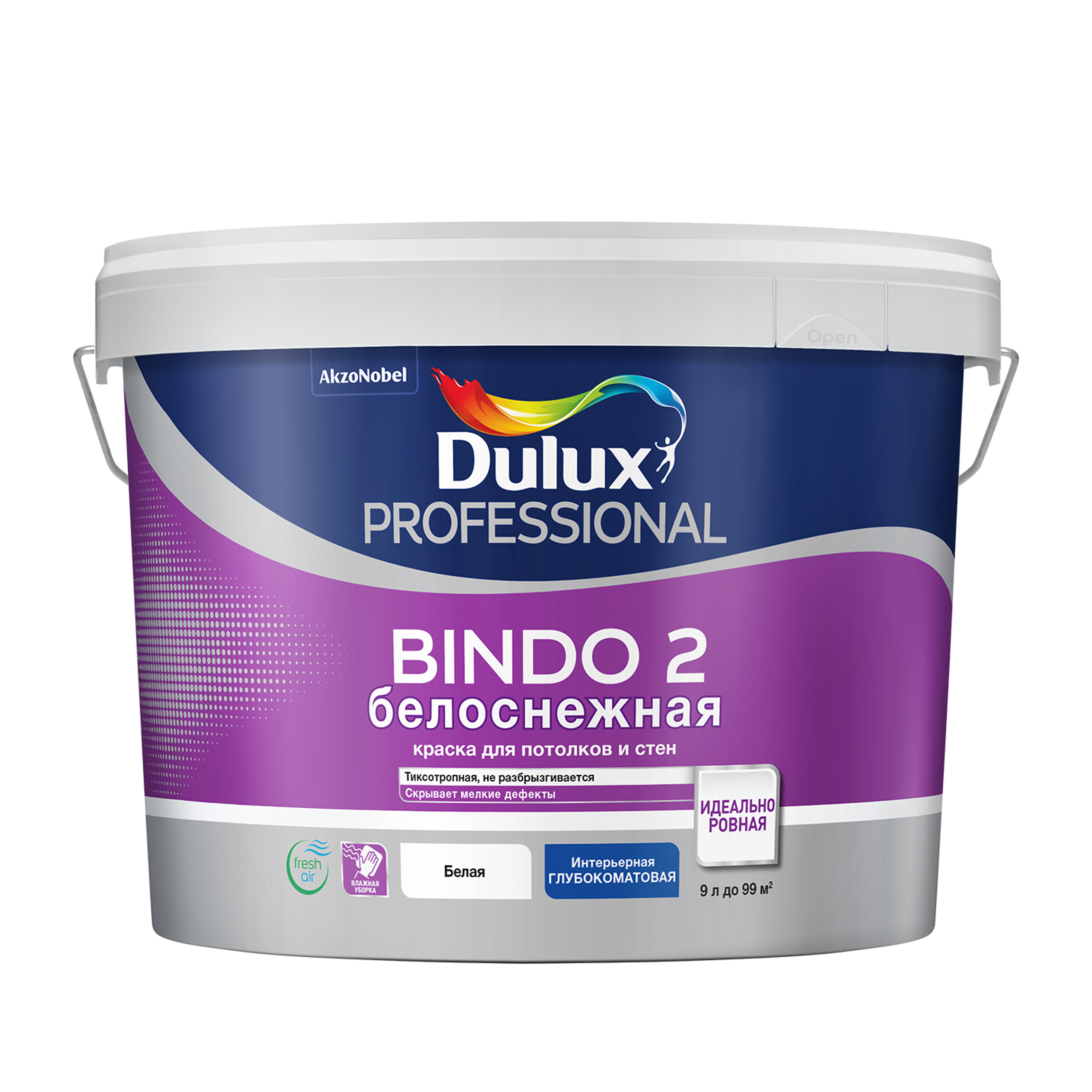 фото Краска для стен и потолков латексная dulux professional bindo 2 глубокоматовая белоснежная 9 л.