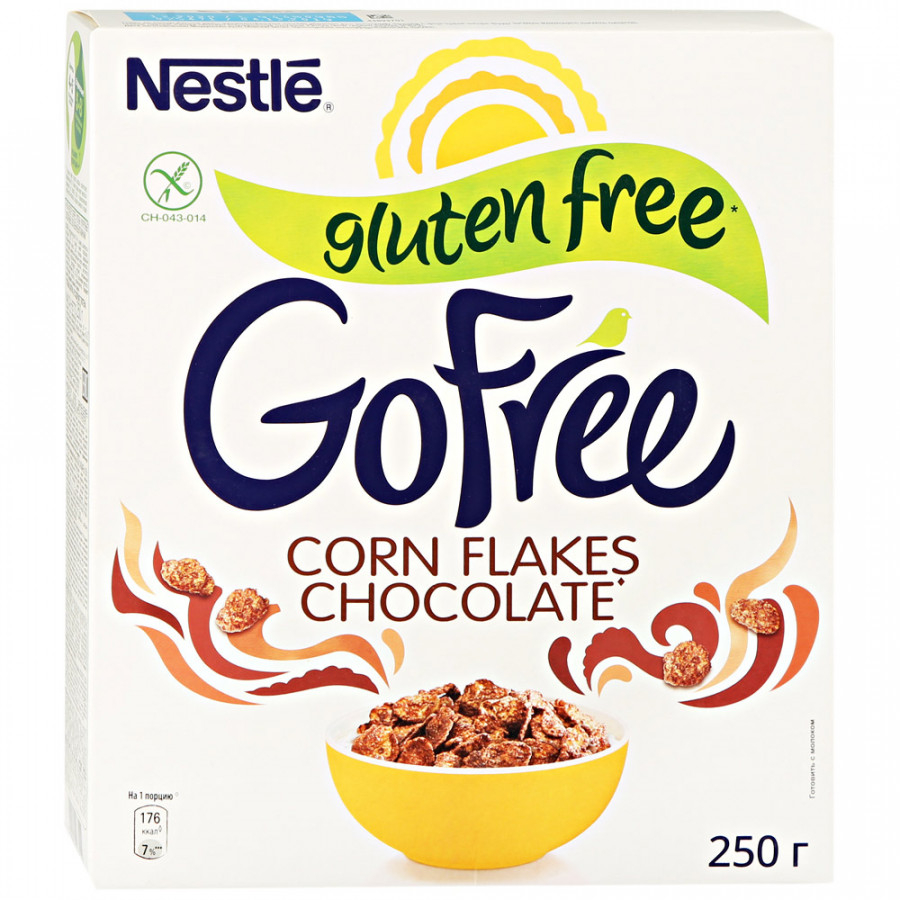 Хлопья кукурузные Nestle Go Free кукурузные шоколадные, без глютена, обогащенные витаминами, 250 г