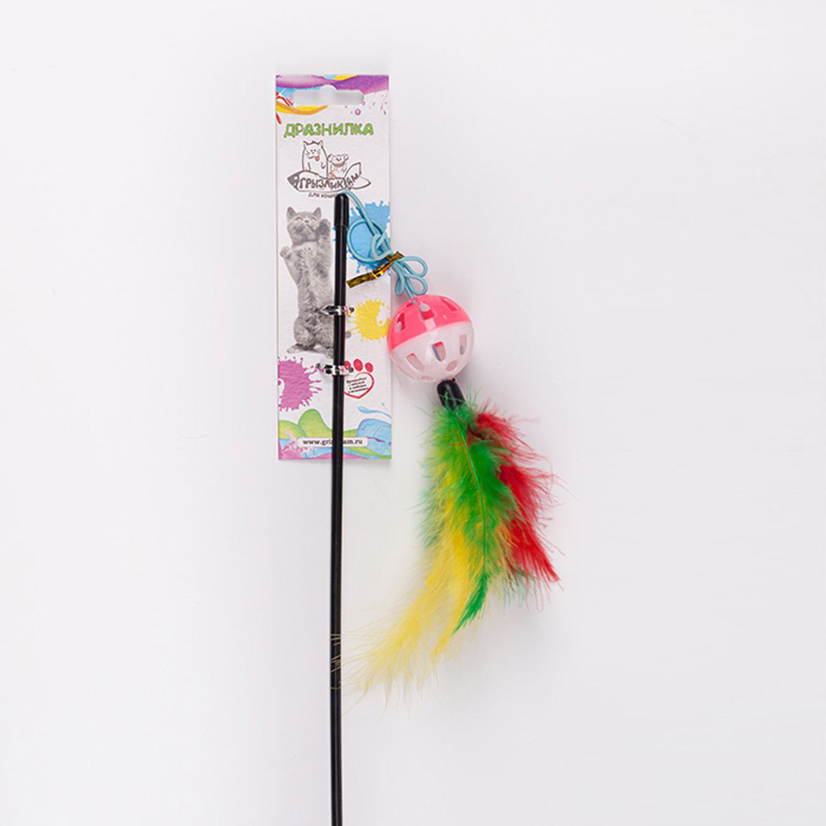 фото Игрушка для кошек грызлик дразнилка-удочка погремушка с перьями 55х3,5 см