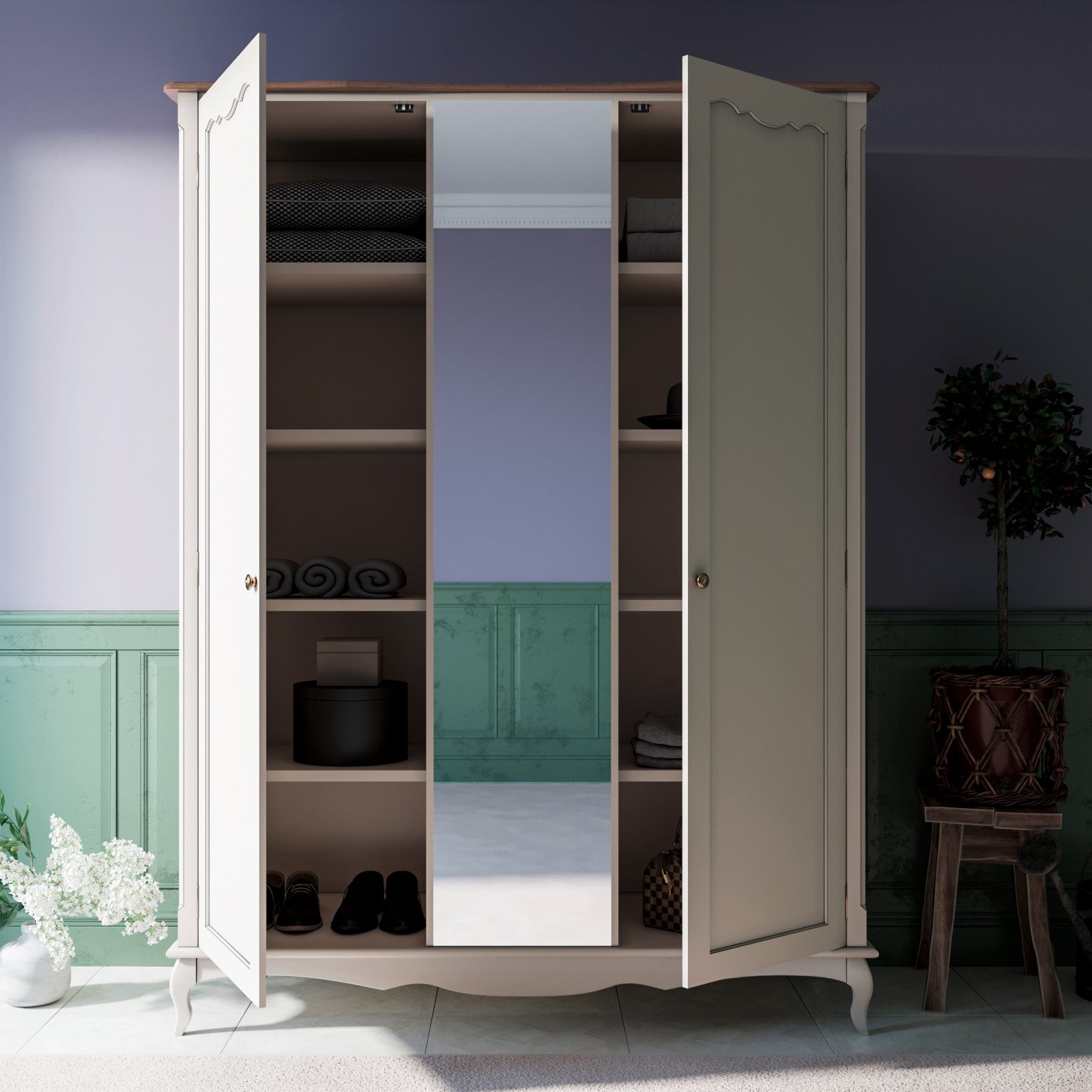 Шкаф для одежды Этажерка Leontina  двухстворчатый с Зеркалом ST9327Z, цвет бежевый - фото 3