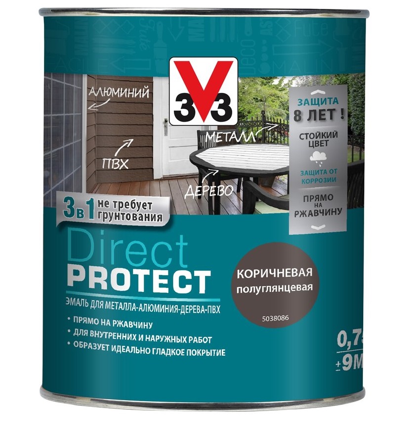 фото Эмаль v33 direct protect коричневая 2,5л