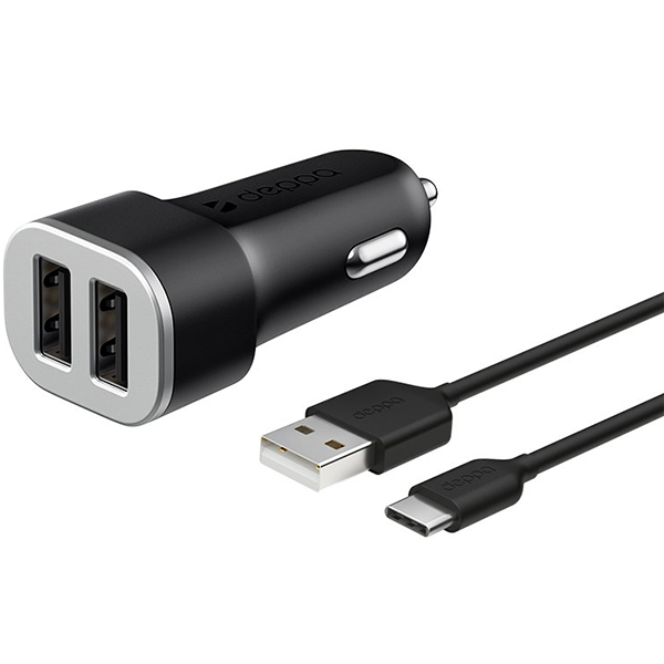 фото Автомобильное зарядное устройство deppa 2 usb 2.4а usb type-c черный