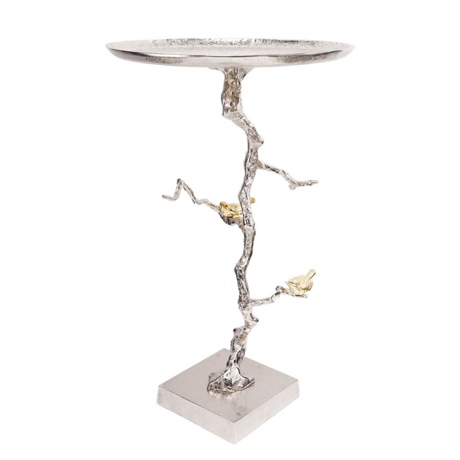 фото Столик приставной glasar серебристого цвета с золотыми птичками на ветке 43x43x71 см