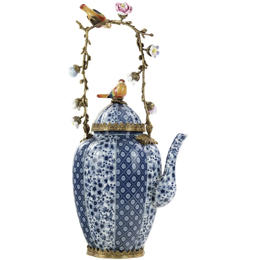 фото Чайник фарфоровый glasar декоративный с птичками, цветочками и бронзовой ручкой 25х17х45см