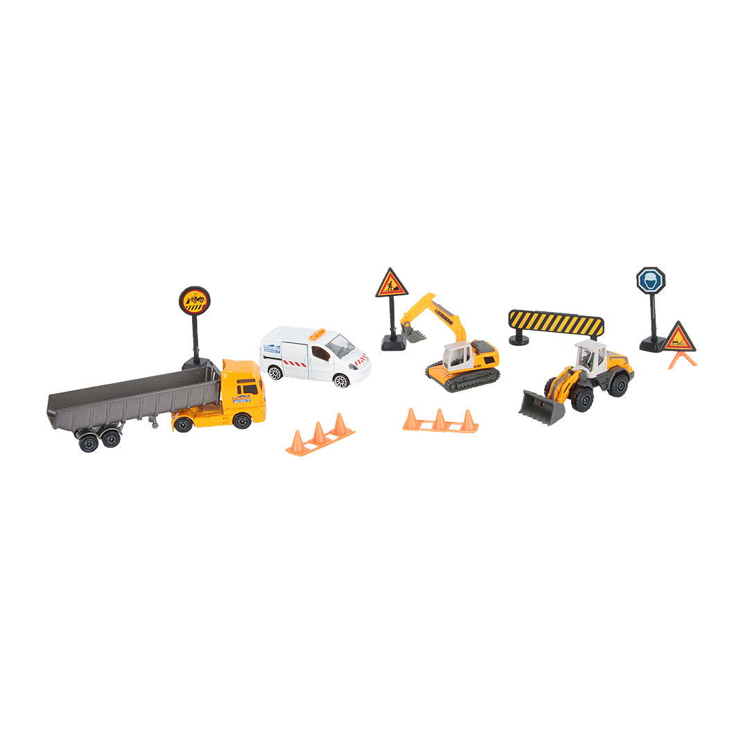 фото Игровой набор majorette строительная техника с дорожными знаками 7,5 см и 13 см