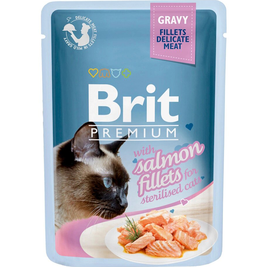 фото Корм для кошек brit premium cat gravy для стерилизованных кусочки из филе лосося в соусе 85 г