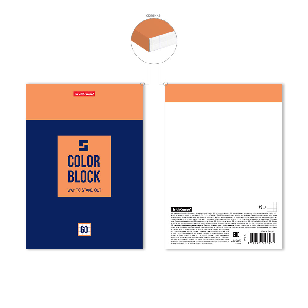 Блокнот на клею ErichKrause Color Block, А5, 60 листов, клетка, цвет в ассортименте - фото 5