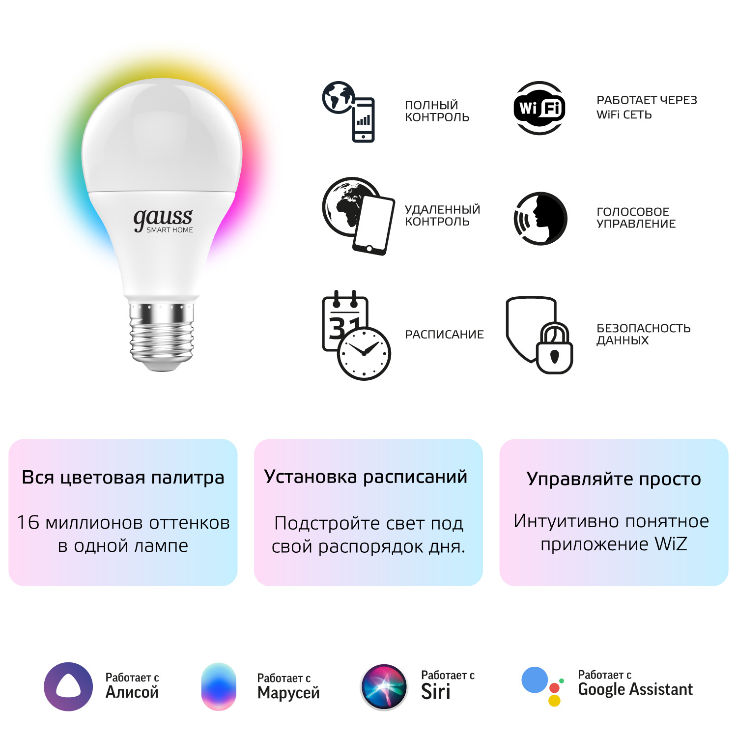 фото Умная wi-fi лампочка gauss smart home а60 8,5w 806лм e27, управление голосом/смартфоном, с изменением цвета и температуры, диммируемая