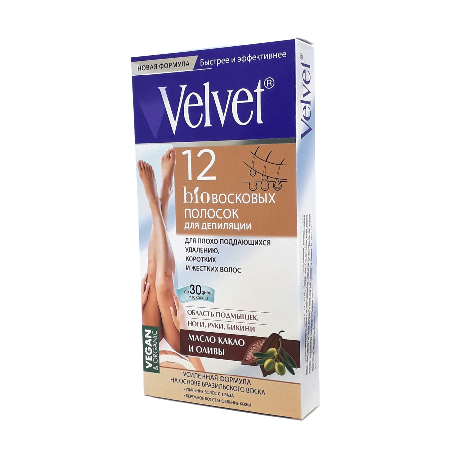 Восковые полоски для депиляции Velvet  для плохо поддающихся удалению коротких и жестких волос 12 шт