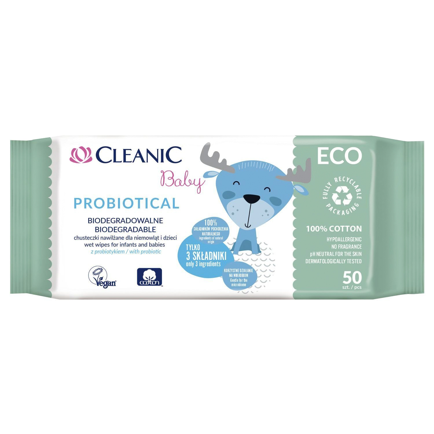фото Салфетки влажные детские 0+ cleanic eco baby probiotical 50шт