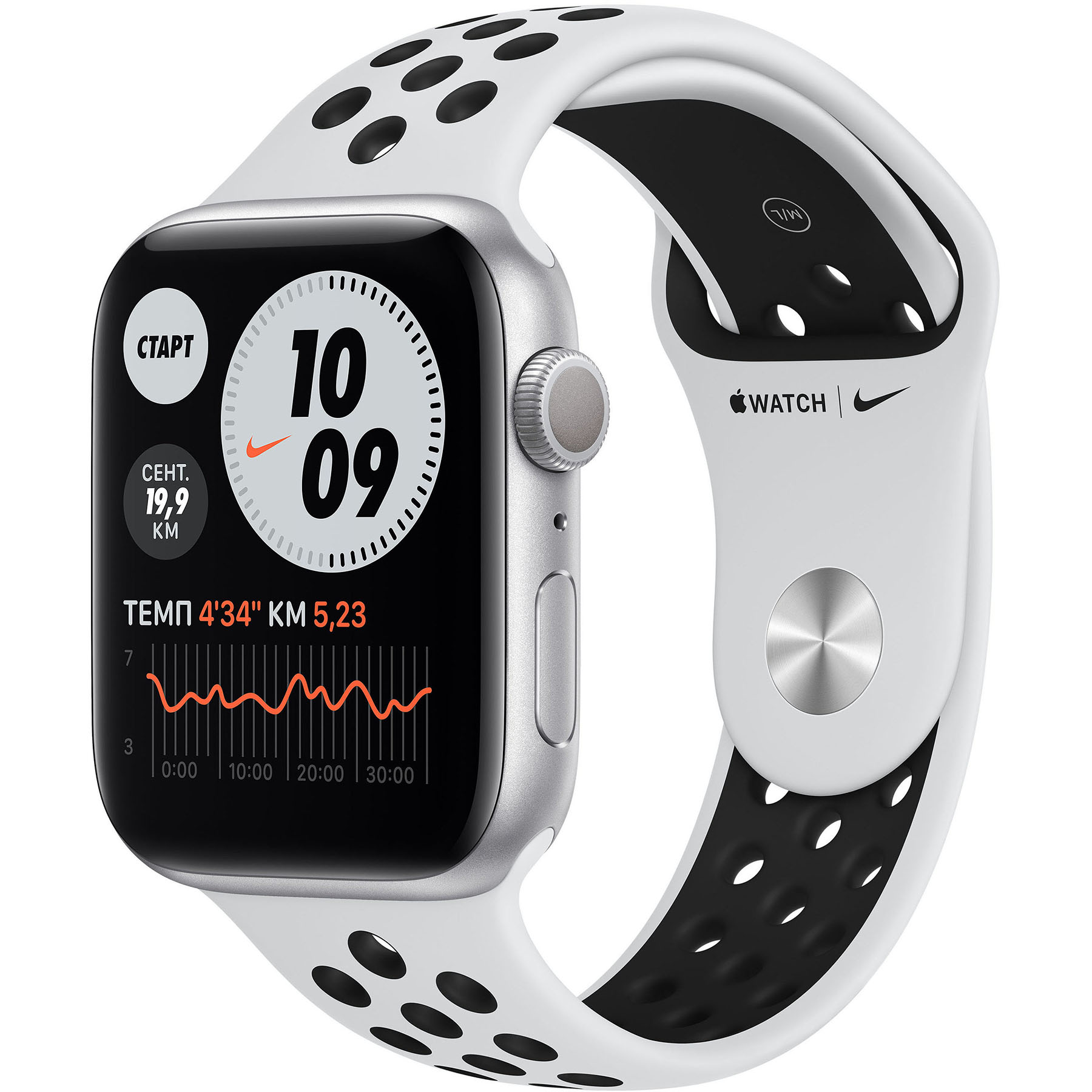 Смарт-часы Apple Watch Nike Series 6 44 мм серебристый + спортивный ремешок MG293RU/A