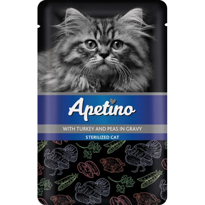 фото Корм для кошек apetino для стерилизованных индейка, горошек в соусе 85 г