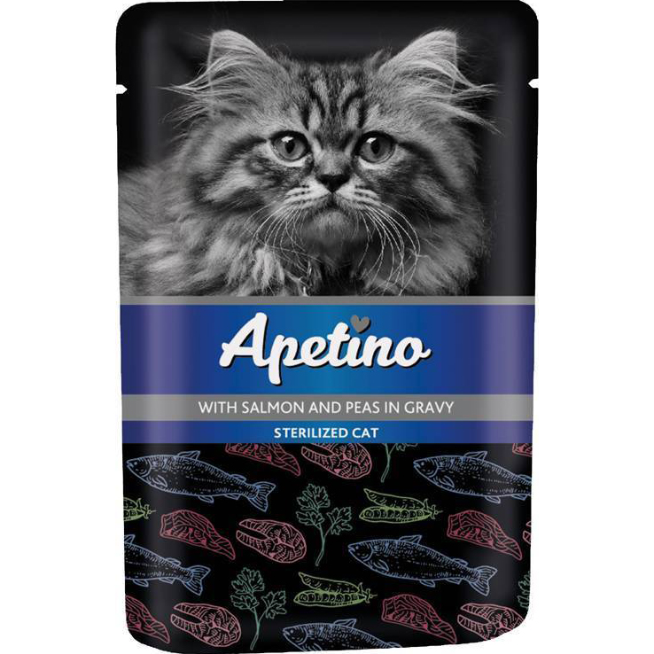 фото Корм для кошек apetino для стерилизованных лосось, горошек в соусе 85 г