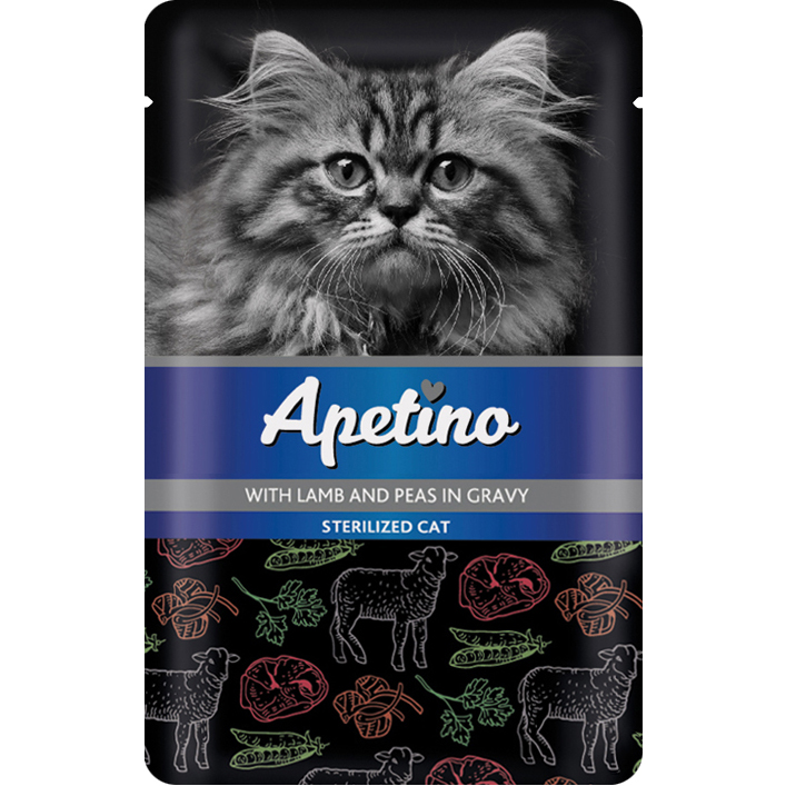 фото Корм для кошек apetino для стерилизованных ягненок, горошек в соусе 85 г