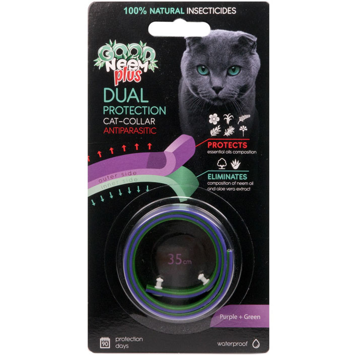 Биоошейник GOOD NEEM Plus для кошек и котят 2-слойный с маслом Дерева Ним фиолетовый, зеленый 35см