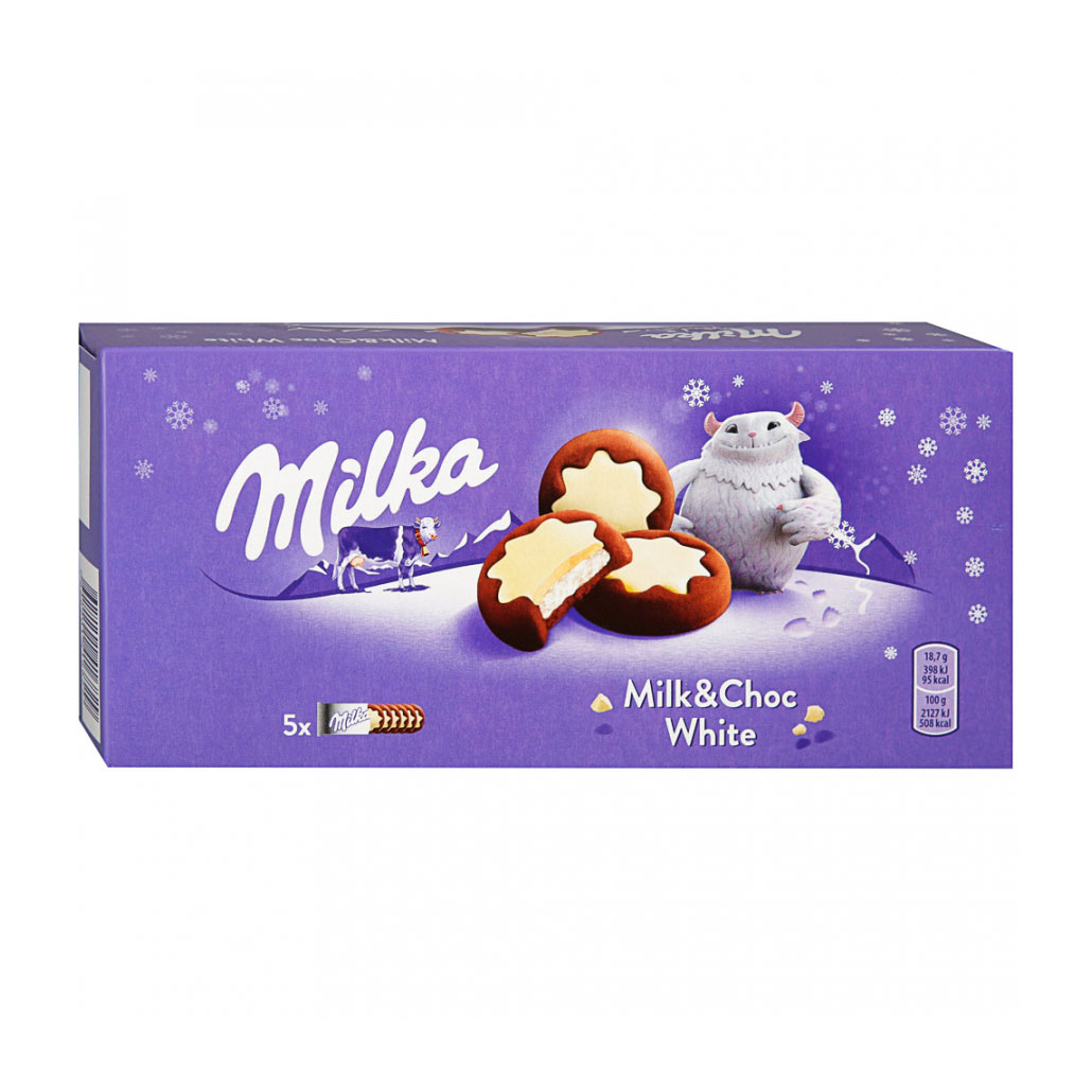 фото Печенье milka milk and choc white, с молочной начинкой и какао, в белой шоколадной глазури, 187 г