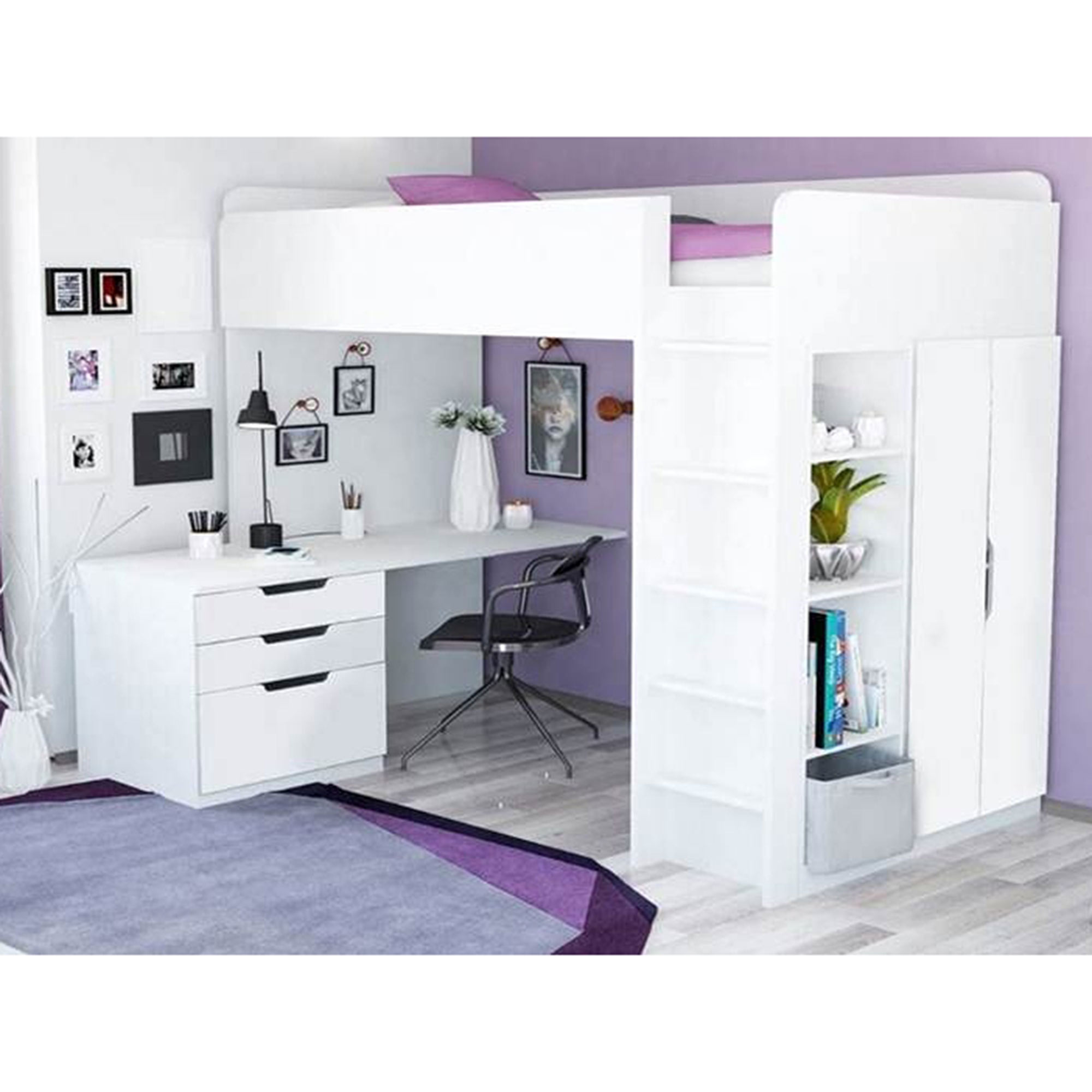Кровать-чердак Polini kids Simple с письменным столом и шкафом, белый 90х200
