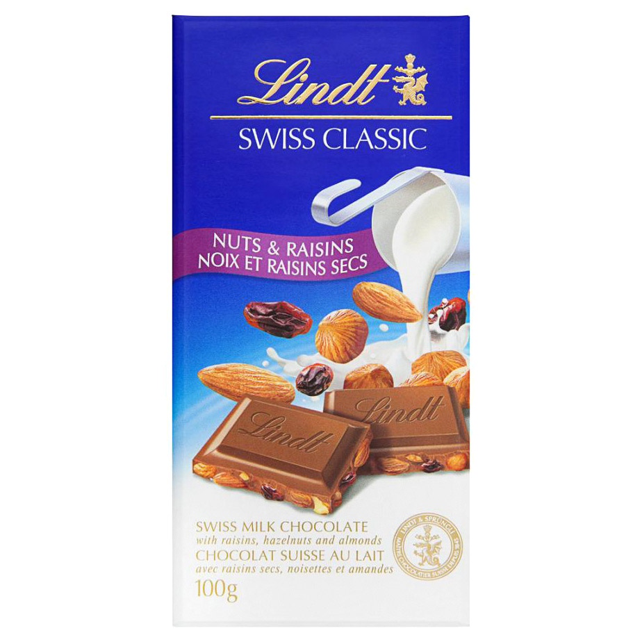 фото Шоколад молочный lindt swiss classic с изюмом, фундуком и миндалем 100 г