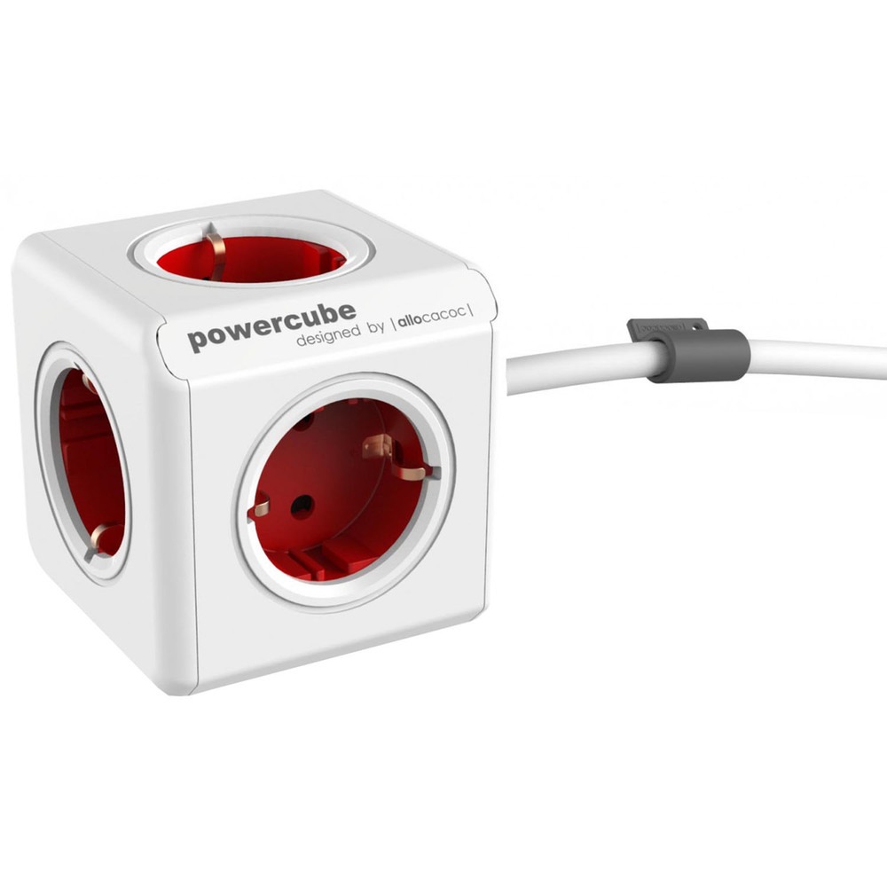 Удлинитель Allocacoc PowerCube Extended USB 1402RD (4 розетки, 2 USB, 1.5м кабель, красный), цвет белый - фото 1