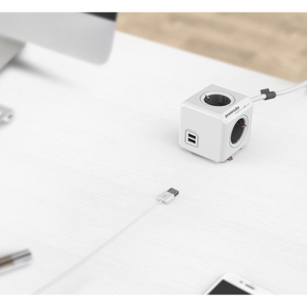 Удлинитель Allocacoc PowerCube Extended USB 1407GY (4 розетки, 2 USB, 3.0м кабель, серый), цвет белый - фото 3