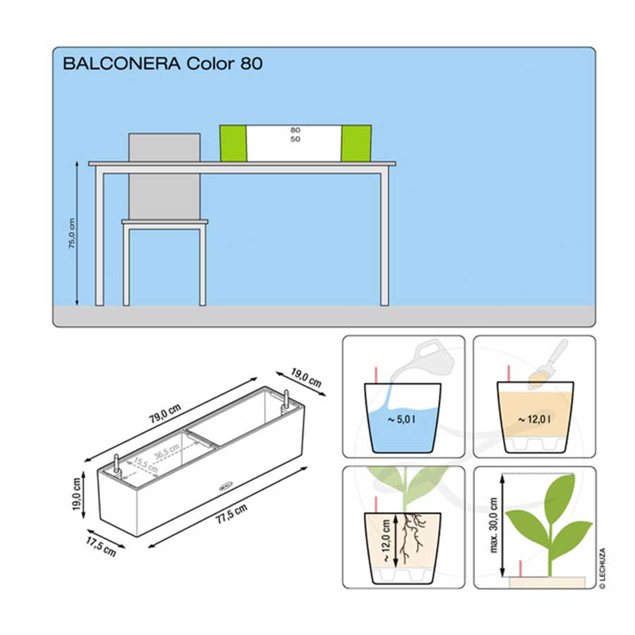 Кашпо Lechuza balconera 80x19x19 бирюза с автополивом, цвет бирюзовый - фото 2