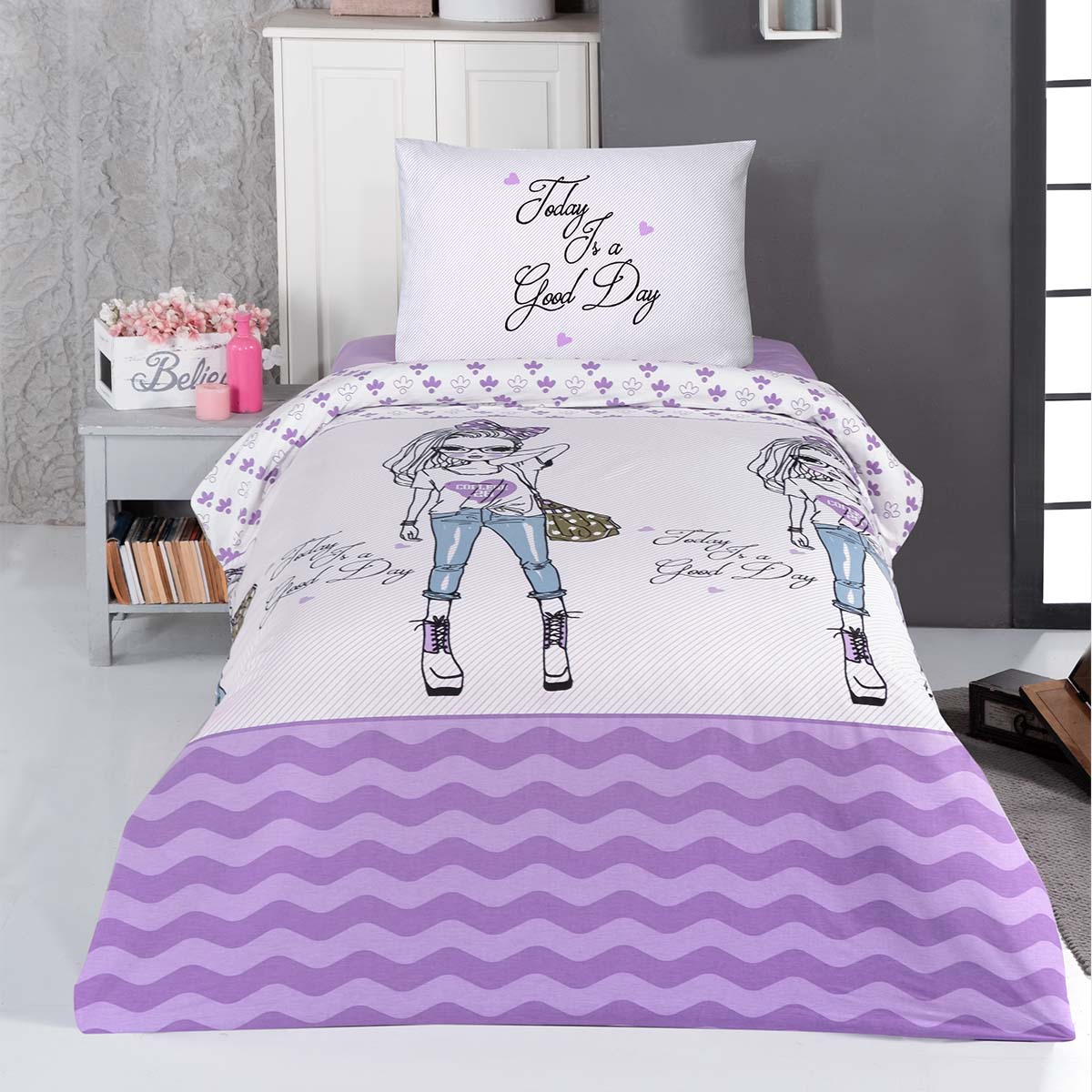 Детское постельное бельё Arya Home Good Day белый с фиолетовым Полуторный