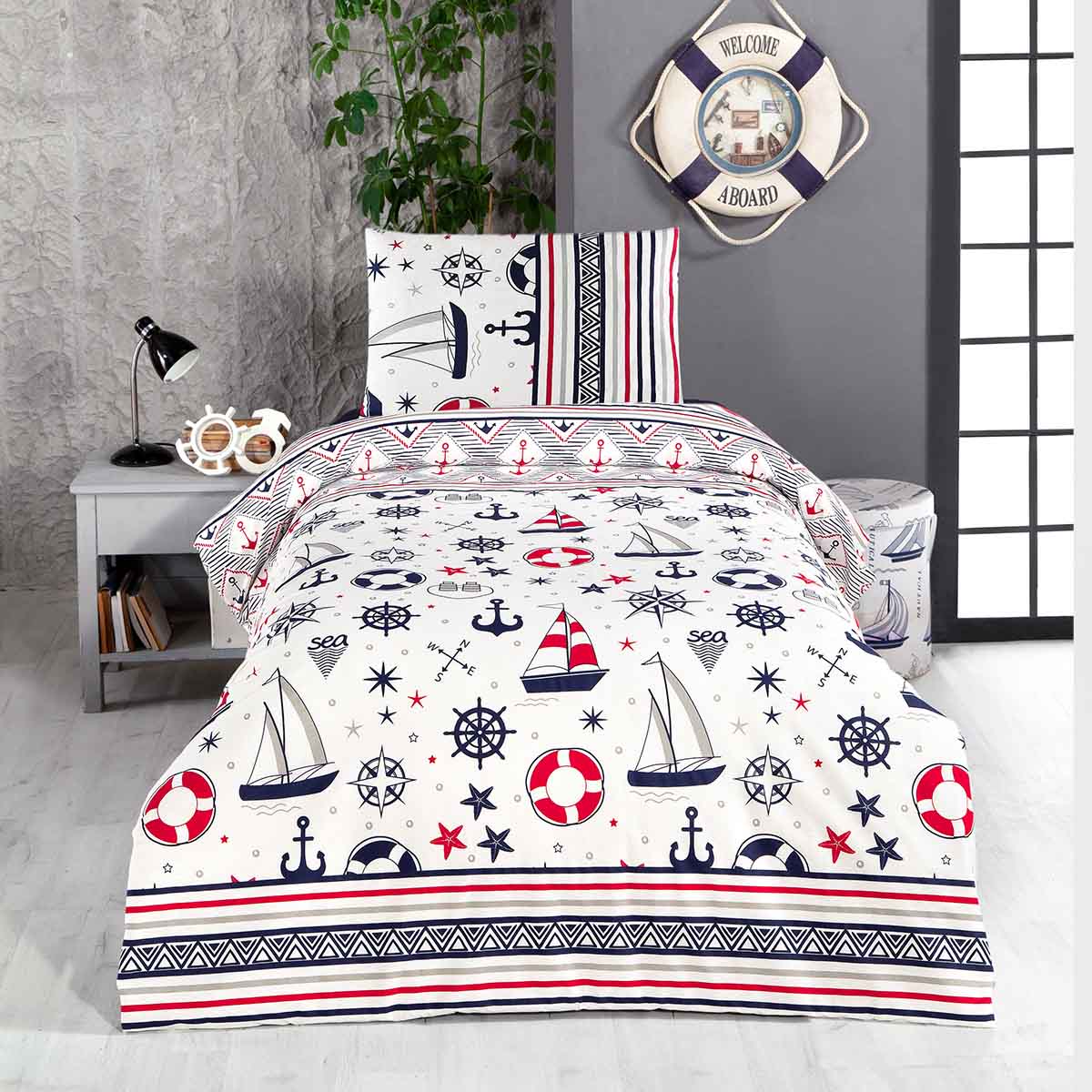 Детское постельное бельё Arya Home Sailor белый с красным и синим Полуторный