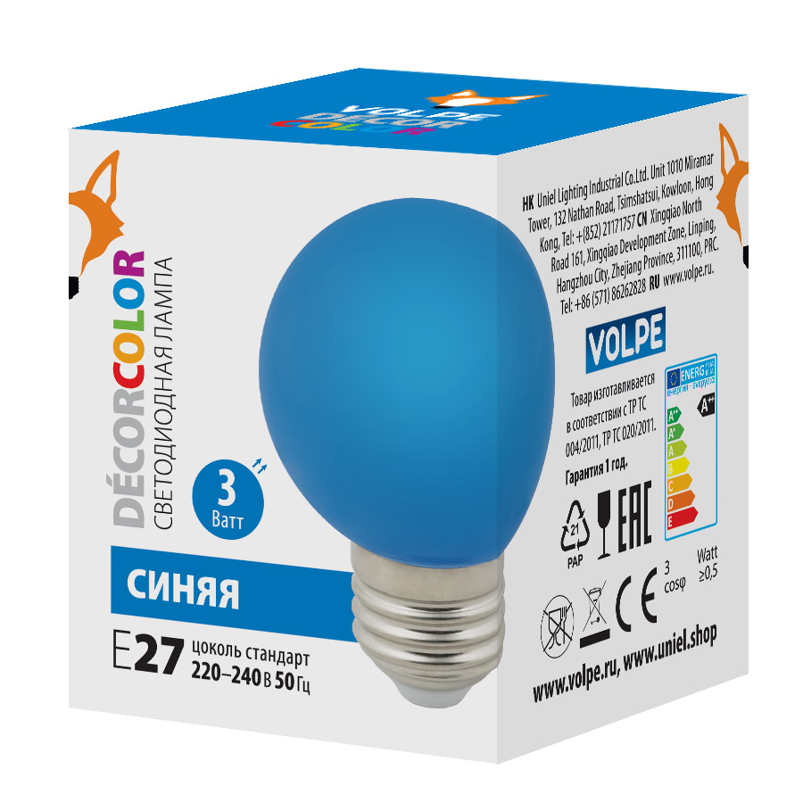 фото Лампа светодиодная uniel led-g60-3w-blue-e27-fr-с