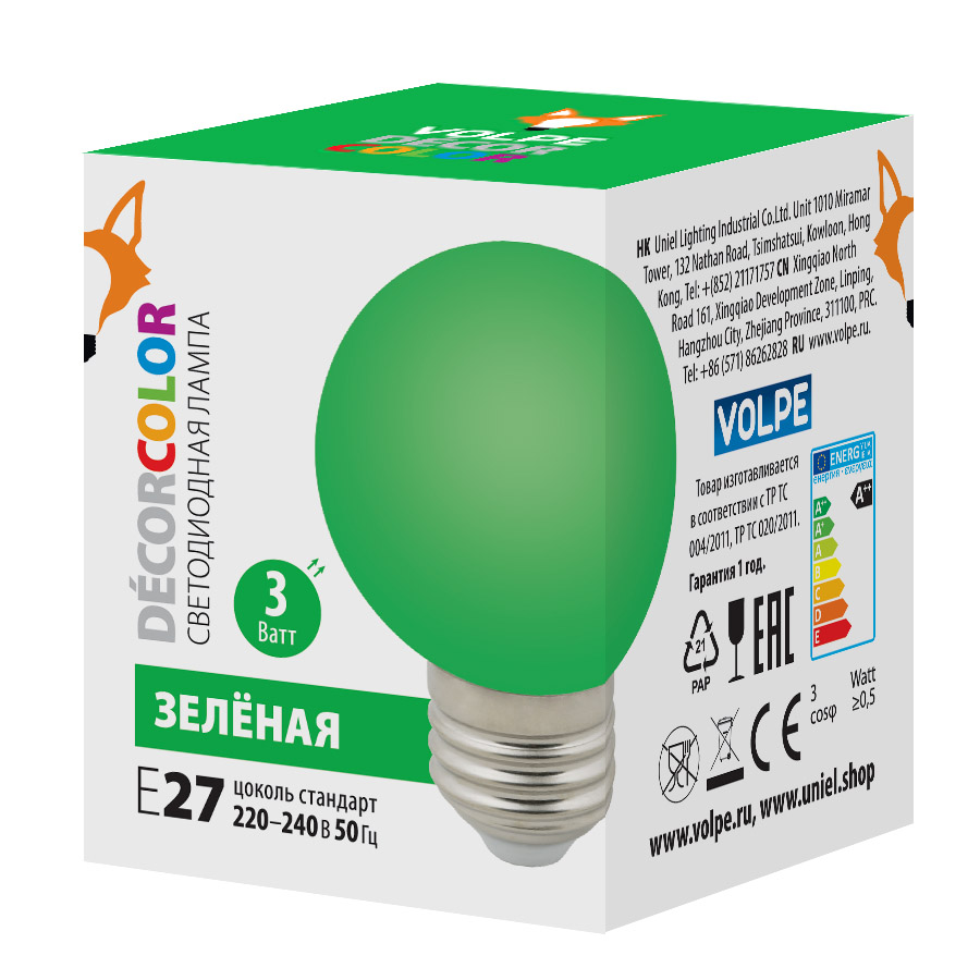 фото Лампа светодиодная uniel led-g60-3w-green-e27-fr-с