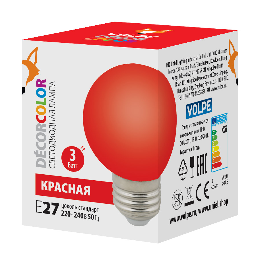 фото Лампа светодиодная uniel led-g60-3w-red-e27-fr-с