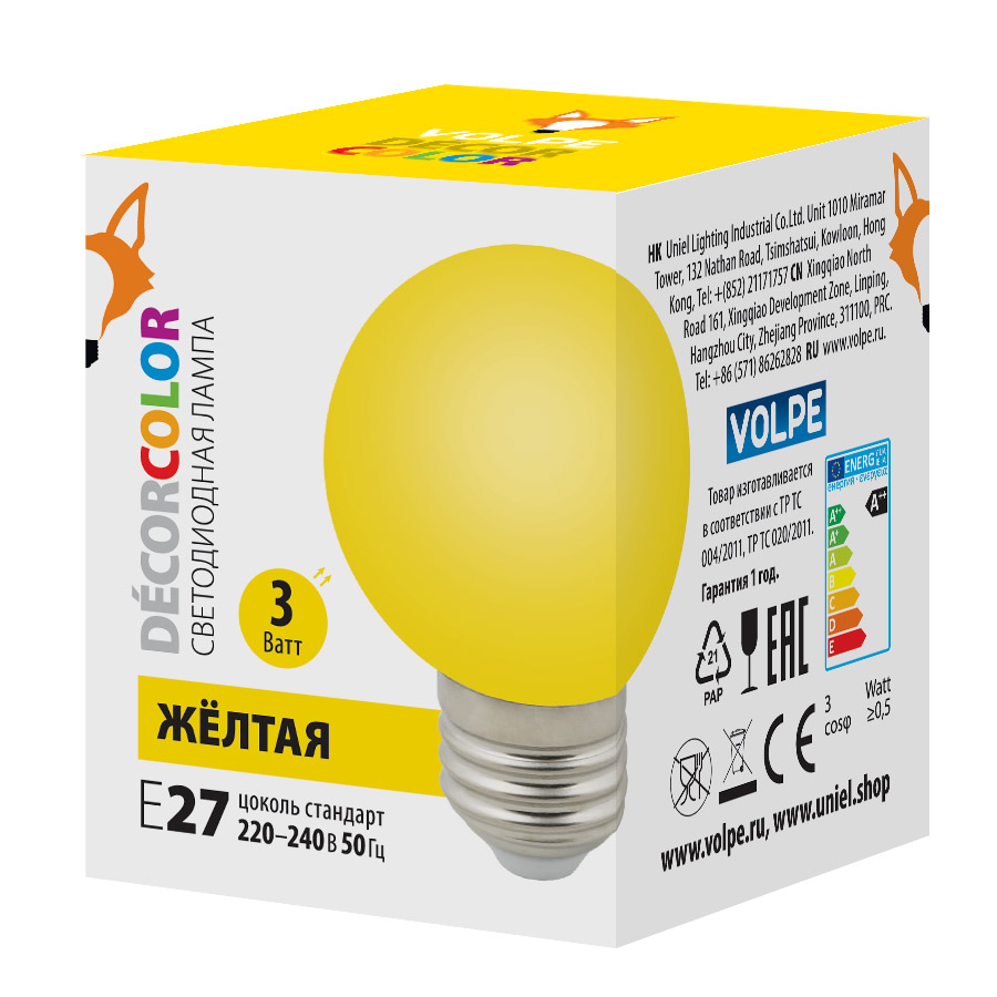 фото Лампа светодиодная uniel led-g60-3w-yellow-e27-fr-с