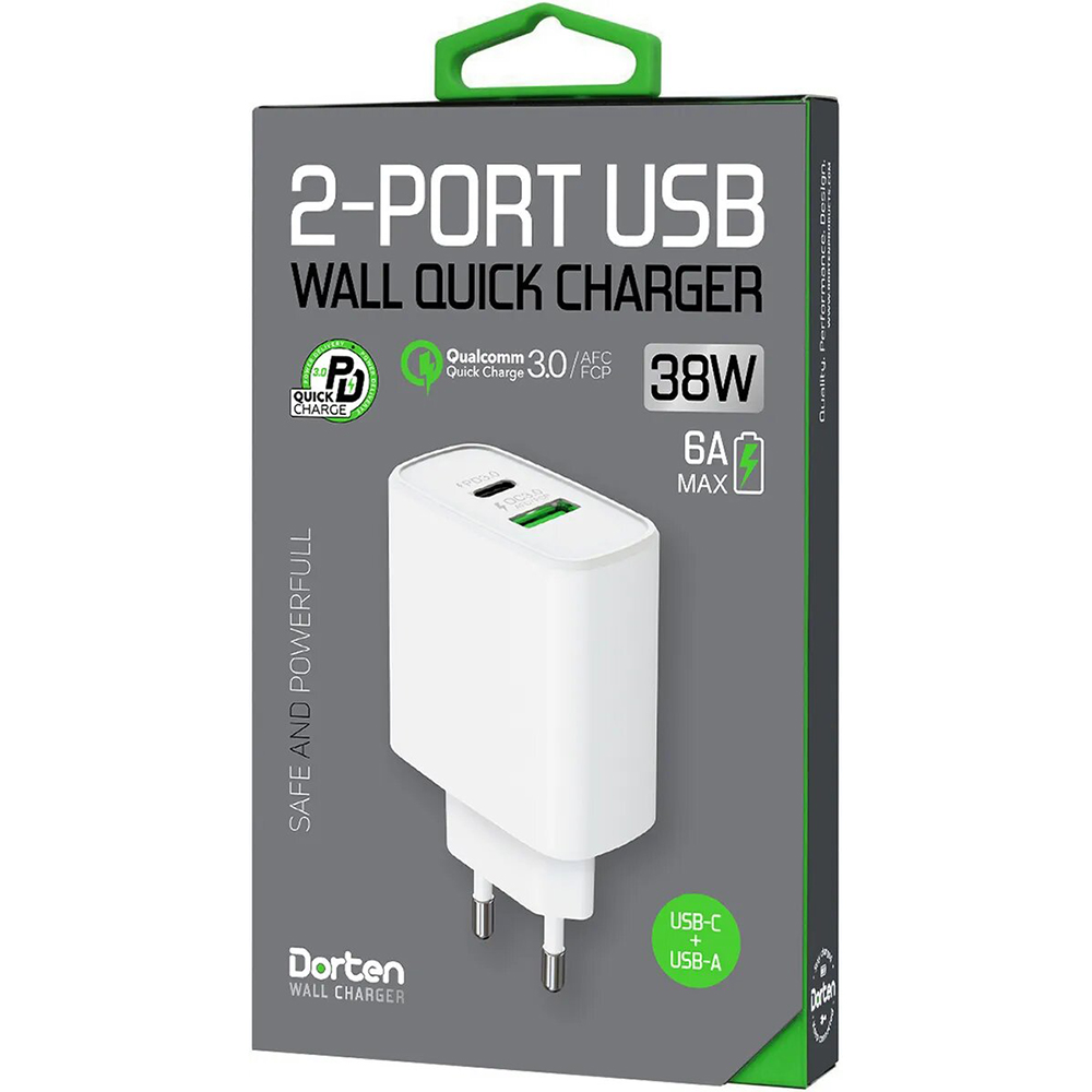 фото Сетевое зарядное устройство dorten 2-port usb 38w wall quick charger pd3.0+qc3.0 белый