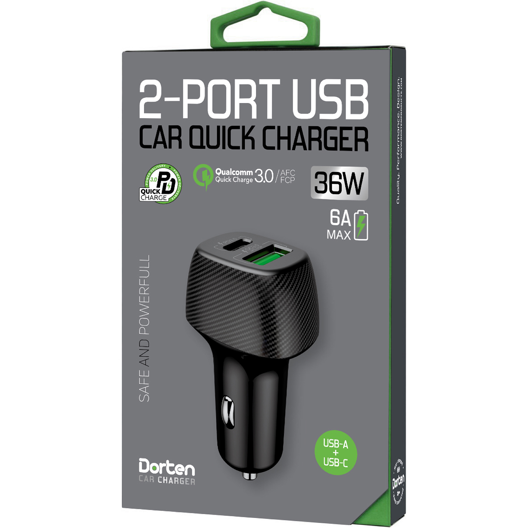 фото Автомобильное зарядное устройство dorten 2-port usb 36w car quick charger qc3.0+pd3.0 черный dn210102