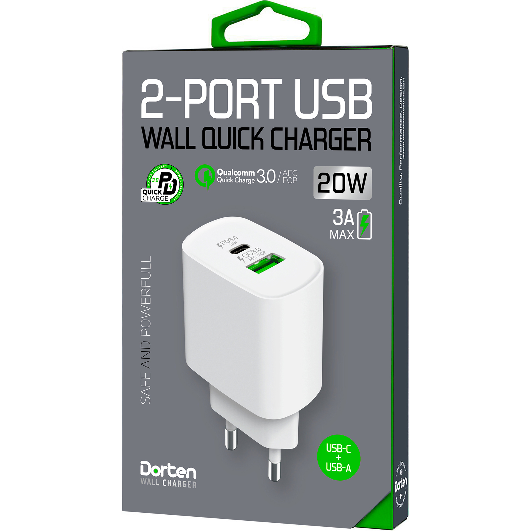 фото Сетевое зарядное устройство dorten 2-port usb 20w wall quick charger pd3.0+qc3.0 белый dn206600