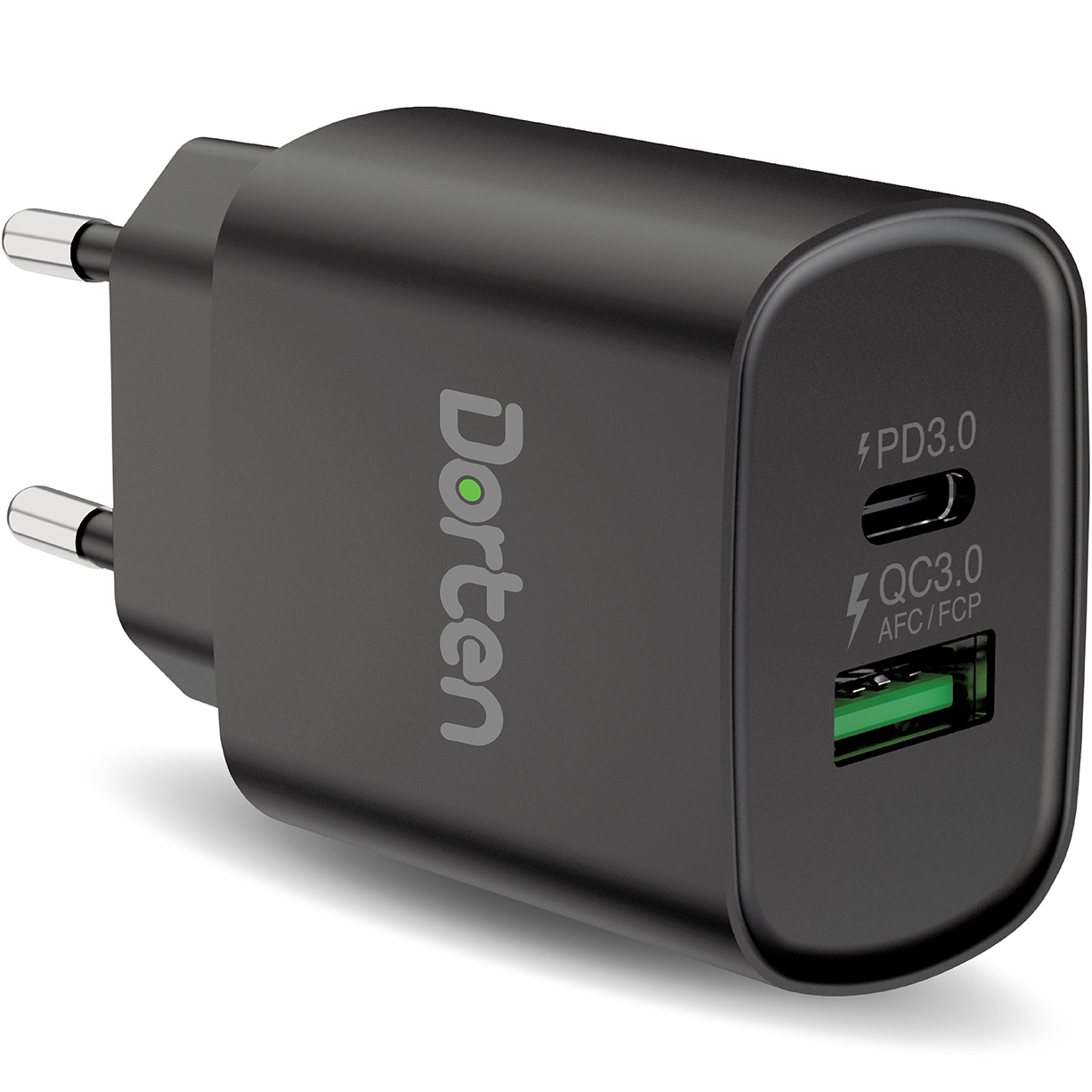 фото Сетевое зарядное устройство dorten 2-port usb 20w wall quick charger pd3.0+qc3.0 черный dn206601