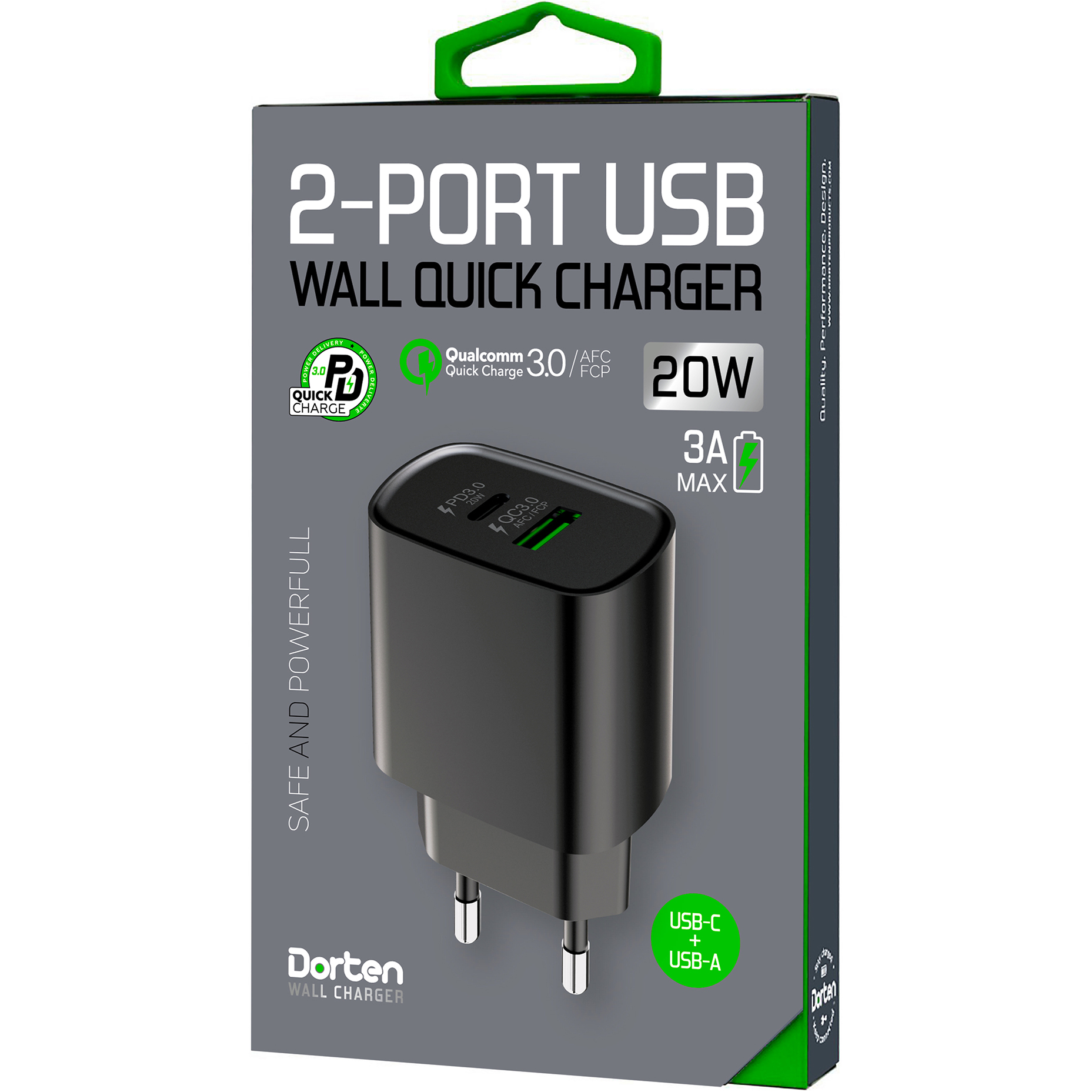 фото Сетевое зарядное устройство dorten 2-port usb 20w wall quick charger pd3.0+qc3.0 черный dn206601