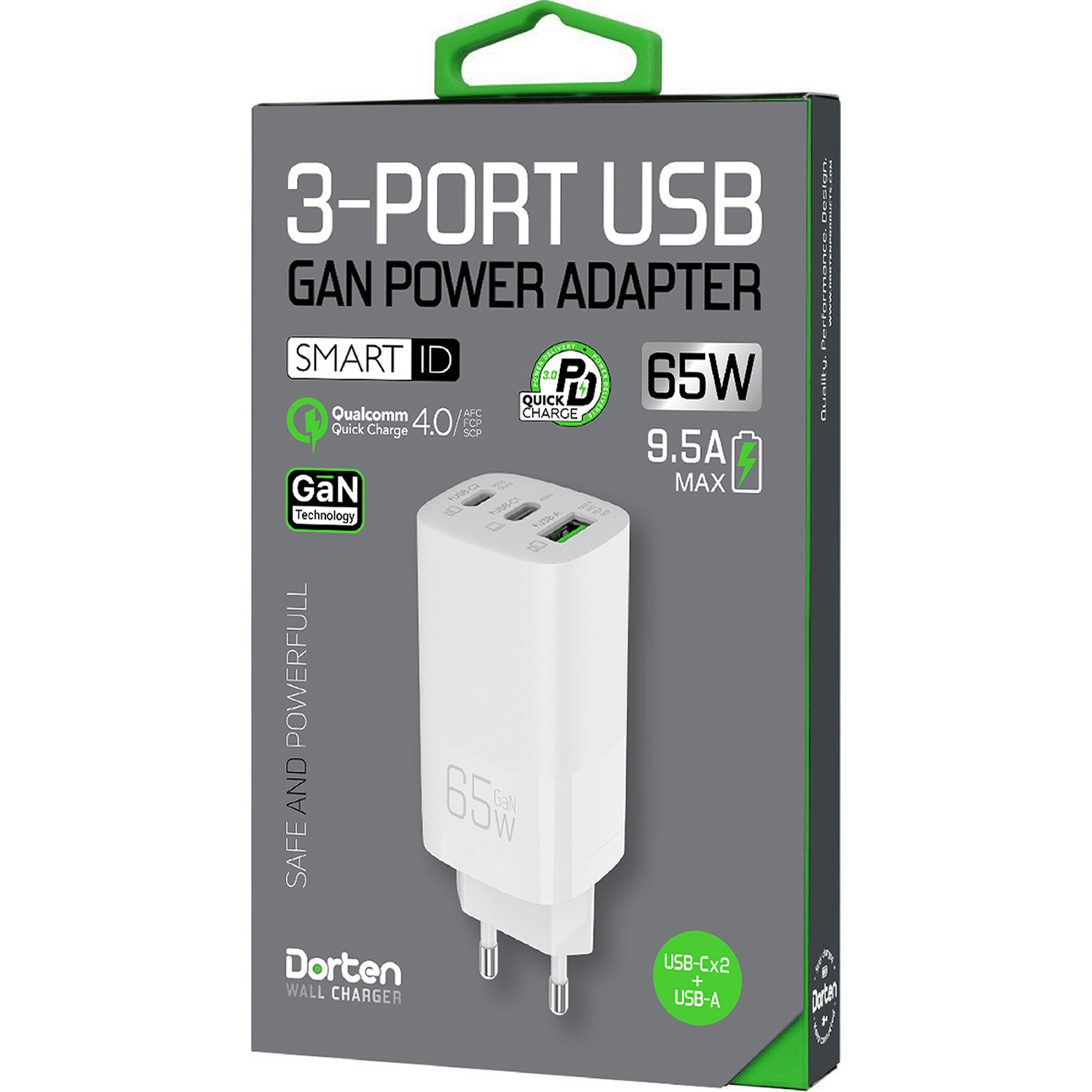 фото Сетевое зарядное устройство dorten 3-port usb smart id 65w gan power adapter белый dn207100