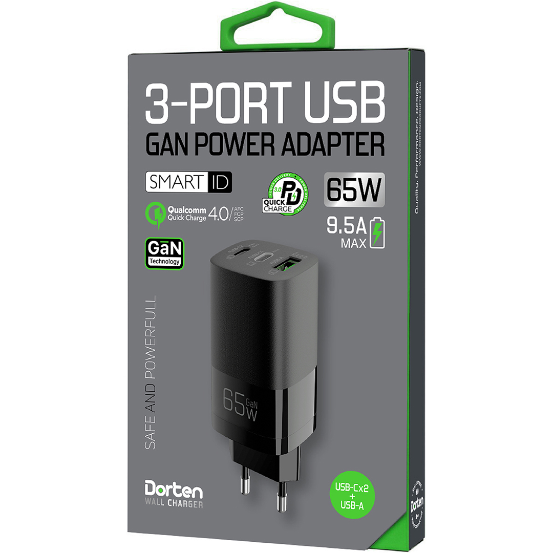 Сетевое зарядное устройство Dorten 3-Port USB Smart ID 65W GaN Power Adapter черный DN207101 - фото 4
