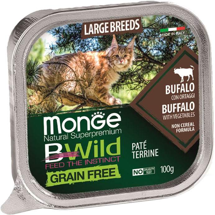 фото Корм для кошек monge bwild grain free для крупных пород буйвол с овощами 100 г