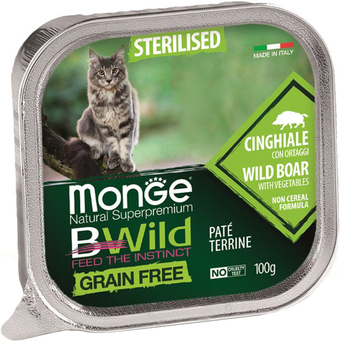 фото Корм для кошек monge bwild grain free для стерилизованных кабан с овощами 100 г