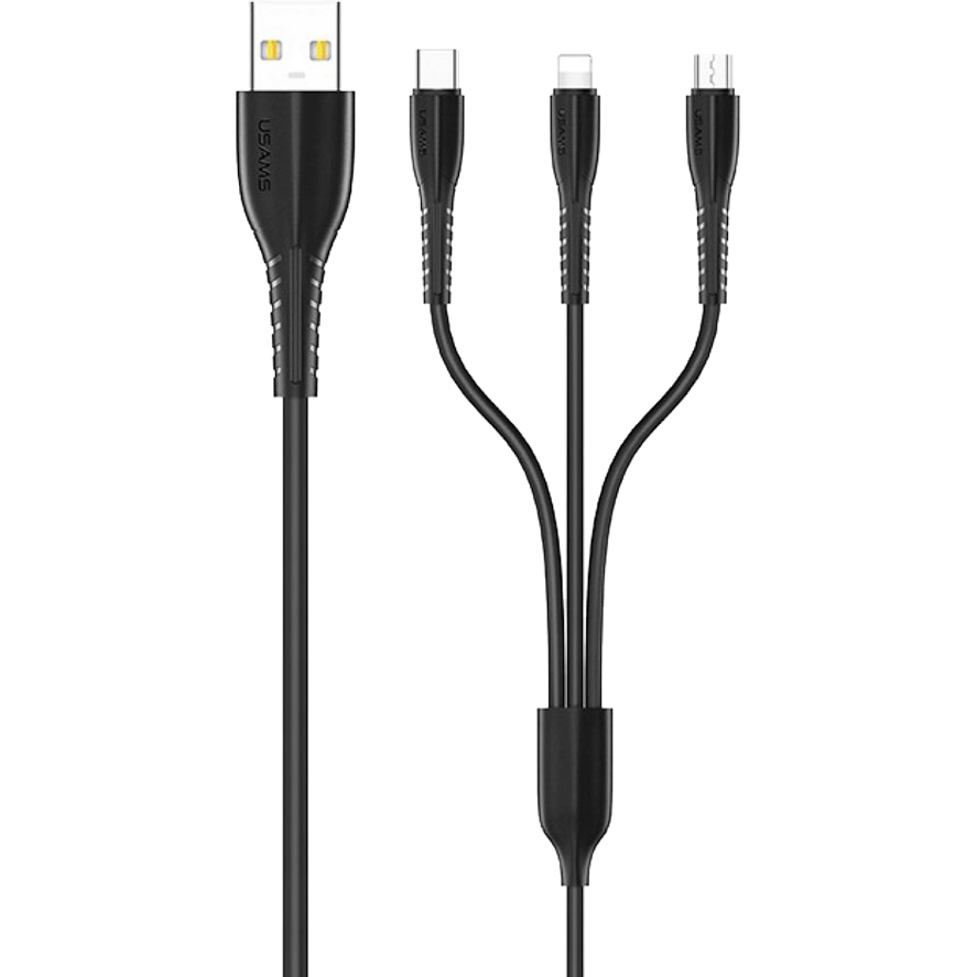 Кабель USAMS 3в1 USB - Type-C, micro USB, Lightning SJ367USB01, цвет черный - фото 1